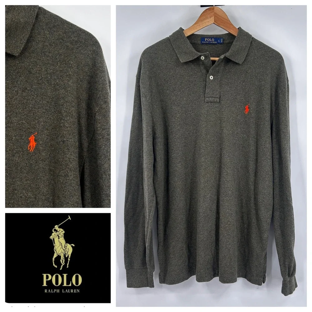 Polo Ralph Lauren Long Sleeve Polo Shirt Green Orange Pony Logo Size‎ L